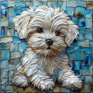 May include: A white Maltese dog with a fluffy coat of fur, made of mosaic tiles. The dog is sitting on a blue and white mosaic background.