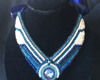 Shades of blue hand embroidered beaded  necklace.