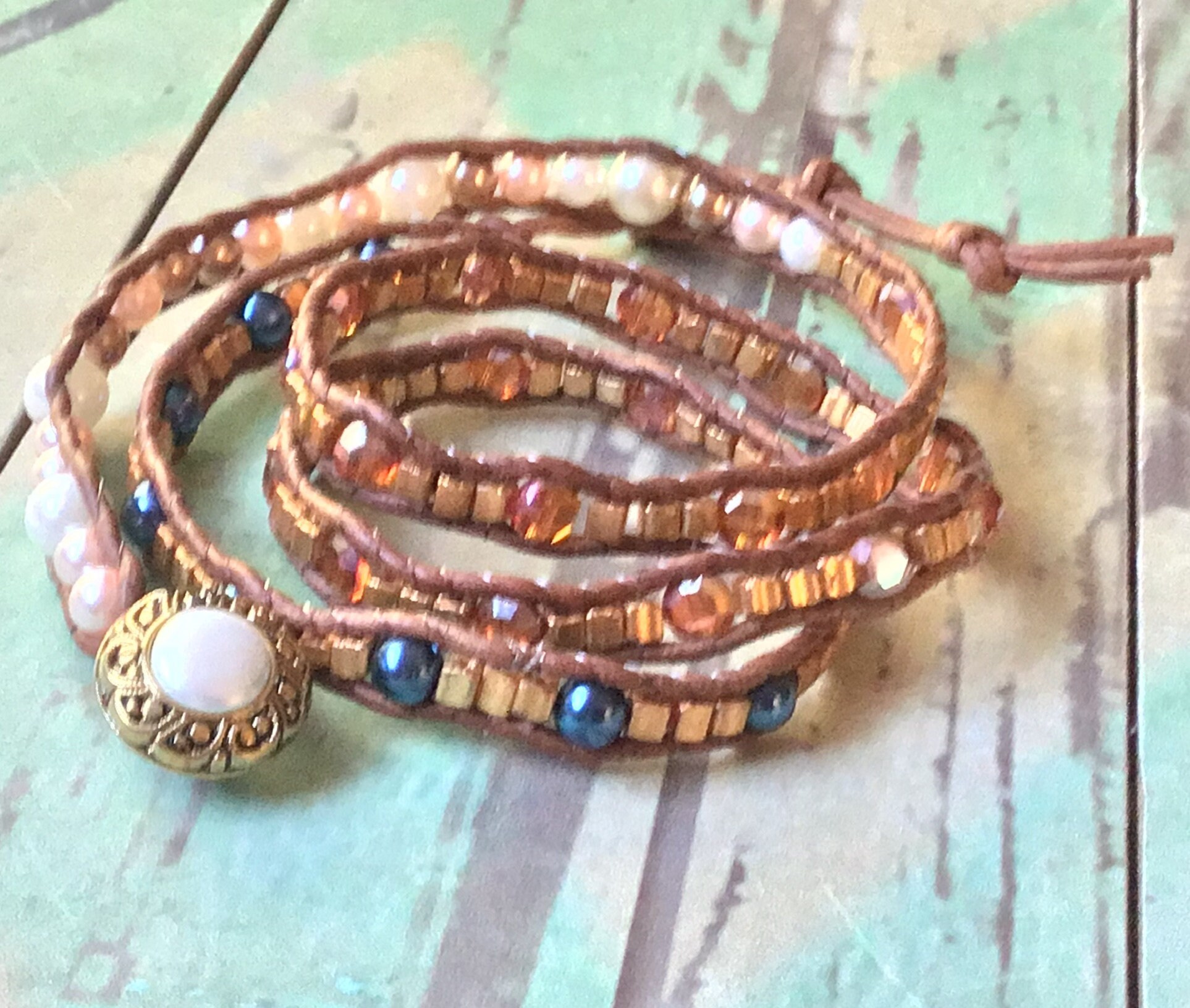 Leather Beaded Multi Wrap Bracelet Etsy UK