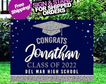 Graduation Yard Sign, Class of 2024 Lawn Sign, FREE SHIPPING, High School or College Graduation blue silver