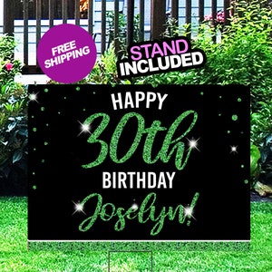 May include: Green glitter text on a black background with white glitter dots. The text reads "Happy 30th Birthday Jocelyn!" with a stand included.