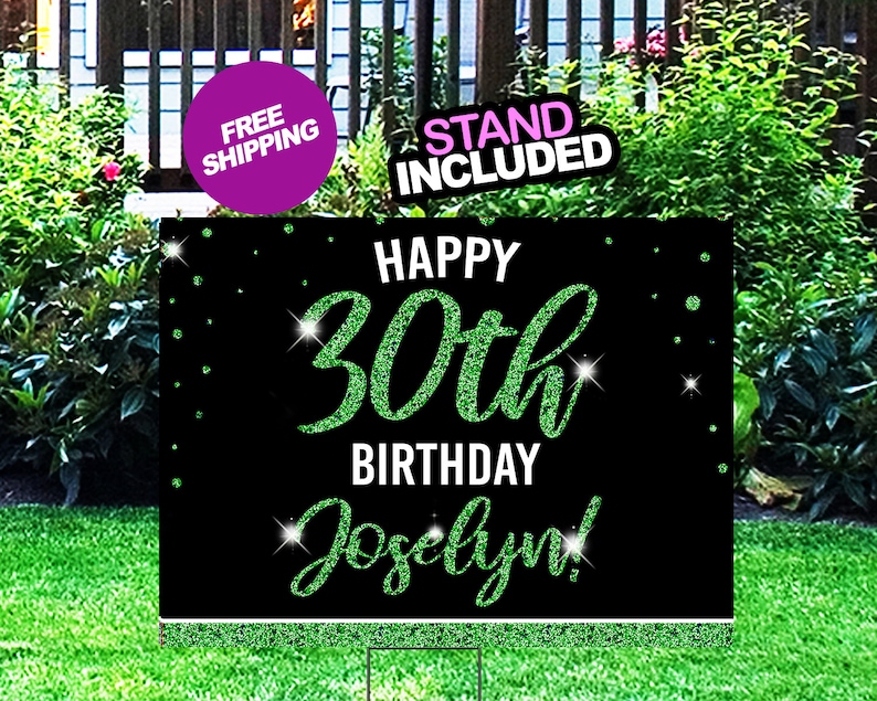 May include: Green glitter text on a black background with white glitter dots. The text reads "Happy 30th Birthday Jocelyn!" with a stand included.