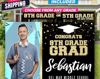 Class of 2026 Photo Graduation Yard Sign - 5th 8th Grade Kindergarten Promotion Lawn Sign - Custom School Colors Moving Up Banner FREE SHIP