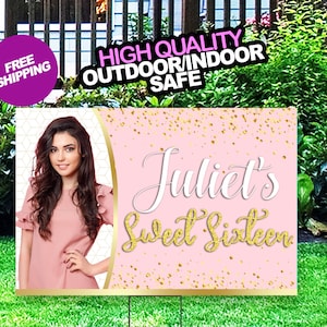 Sweet Sixteen Birthday  Yard Sign, Fast FREE SHIPPING Pink and Gold Glitter Lawn sign