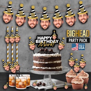 May include: A birthday party pack with a black and white striped banner with gold glitter accents. The banner has the number 30 on each flag. There are also cupcake toppers, straws, and cake toppers with a person's face on them. The cake toppers have a black and white striped hat with gold glitter accents. The cake toppers also have the number 30 on them. The cake toppers say "Happy Birthday Mark!" on them. The party pack is made in the USA.