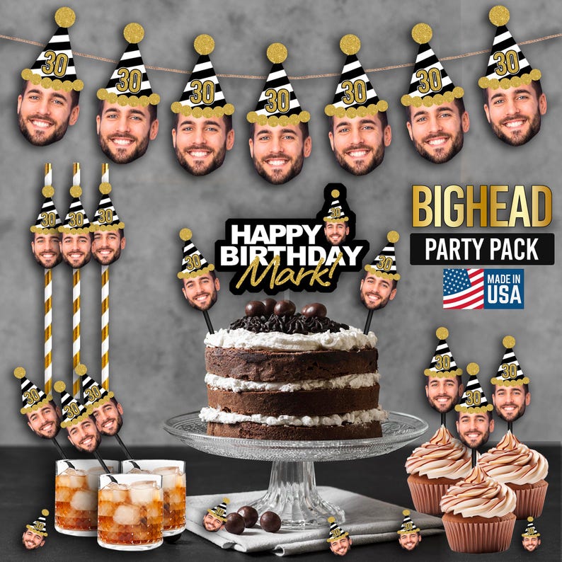 May include: A birthday party pack with a black and white striped banner with gold glitter accents. The banner has the number 30 on each flag. There are also cupcake toppers, straws, and cake toppers with a person's face on them. The cake toppers have a black and white striped hat with gold glitter accents. The cake toppers also have the number 30 on them. The cake toppers say "Happy Birthday Mark!" on them. The party pack is made in the USA.