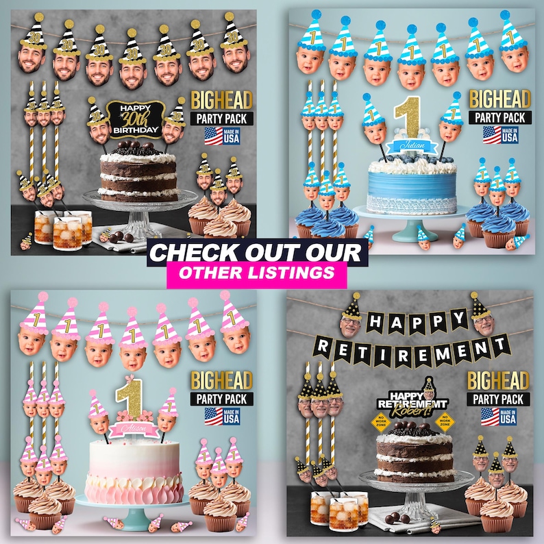 May include: A set of cake toppers featuring a banner with the text "Happy Retirement Robert!" and a cake topper with the number one on it. The cake toppers are decorated with gold glitter and have a black and white striped design. The cake toppers are made in the USA.