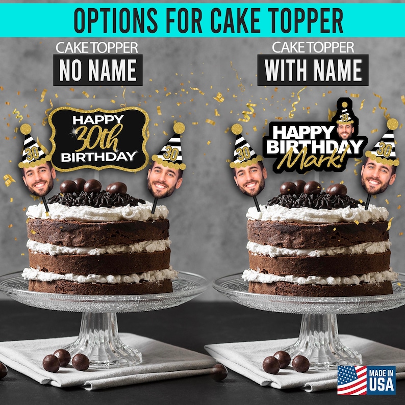 May include: Two cake toppers with a black and gold design. The topper on the left says "Happy 30th Birthday". The topper on the right says "Happy Birthday Mark!" Both toppers feature a black and white striped party hat with a gold star.