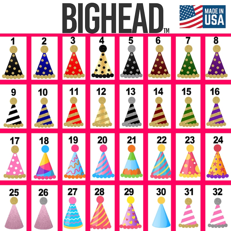 May include: A chart of 32 different party hat designs. The hats are numbered 1 through 32. The hats are all different colors and patterns. The chart is on a pink background. The text "BIGHEAD" is at the top of the chart.