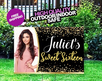 Sweet Sixteen Birthday  Yard Sign, Fast FREE SHIPPING Black and Gold Glitter Lawn sign