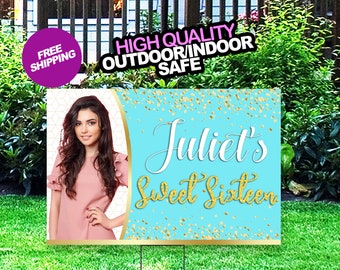 Sweet Sixteen Birthday  Yard Sign, Fast FREE SHIPPING Teal and Gold Glitter Lawn sign