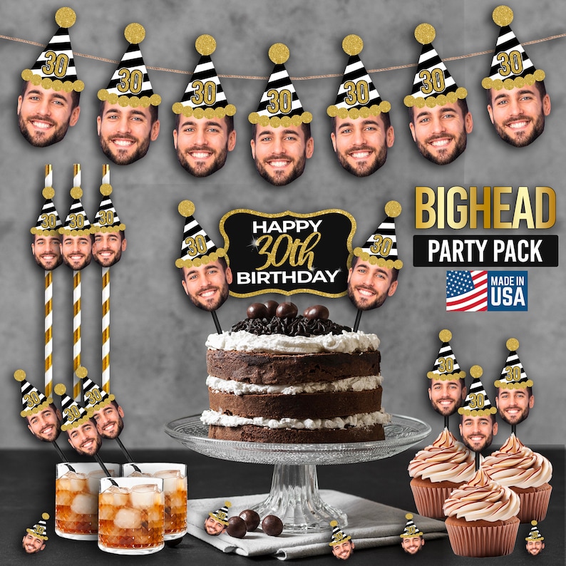 May include: A 30th birthday party pack with black and gold decorations. The pack includes a banner, cupcake toppers, straws, and a cake topper. The cake topper features a black and gold sign with the text "Happy 30th Birthday".