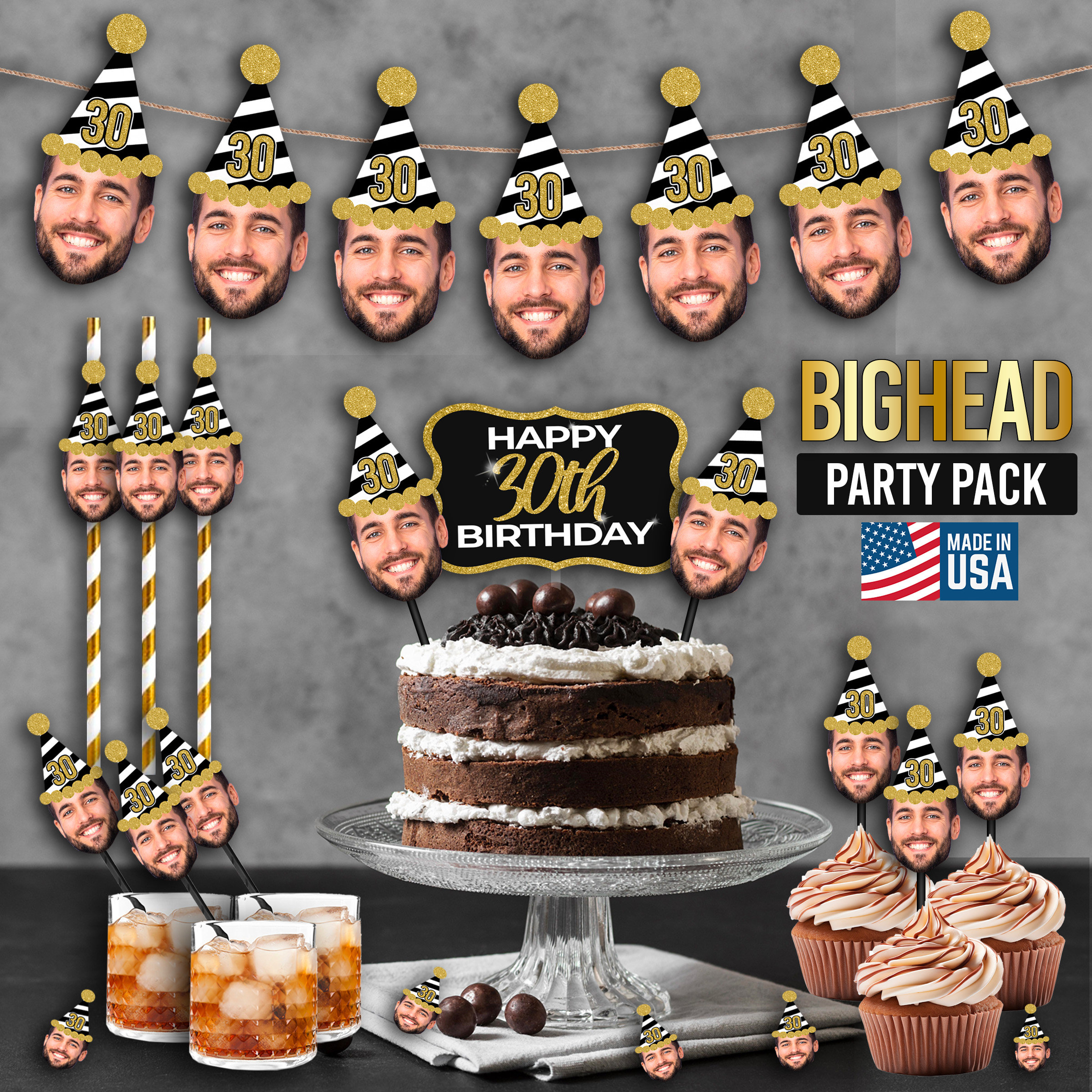 Custom Big Head Face Birthday Banner Drink Stirrers, 21st, 30th, 40th, 50th birthday Face Cake topper, Cupcake topper personalized Straws