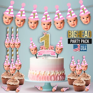 May include: Pink and gold first birthday party decorations with a cake topper featuring a large gold glitter number one and a pink banner with the name Alison. The cake topper also includes a pink and white striped party hat with a baby's face. The banner includes pink and white striped party hats with baby faces. The party pack includes cupcake toppers, straws, and a banner.