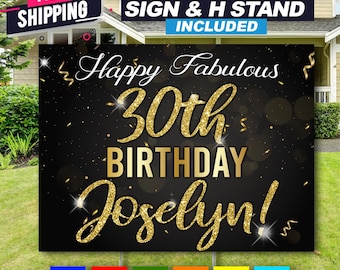 May include: A black and gold birthday sign with the text "Happy Fabulous 30th Birthday Joselyn!"  The sign is decorated with gold glitter and confetti.