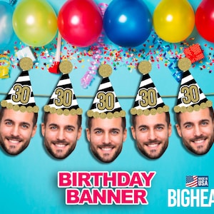 May include: A birthday banner with five black and white striped party hats with gold glitter accents. Each hat has a gold number 30 on the front. The hats are strung together with a white string. The banner is against a blue background with confetti.