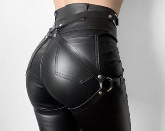Schwarz Echt Leder Bein Harness: Gothic Punk Taille Oberschenkel Accessoire für Festivals
