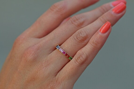 14k Gold Rainbow Ring Mothers Day Ring, Princess Cut Ring, Solid 14k Real Yellow Gold, Boho Mothers Day Gift by GoldenCarats