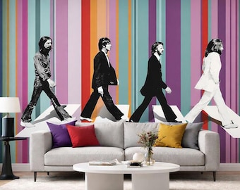 Beatles Abbey Road Inspired Wallpaper Mural – Colourful Striped Statement Wall – Music Art