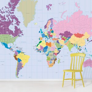 Vibrant Colourful World Map Wallpaper Mural - Non Woven Wallpaper - Atlas School Educational Map Wall Paper Home Decor - Custom Size