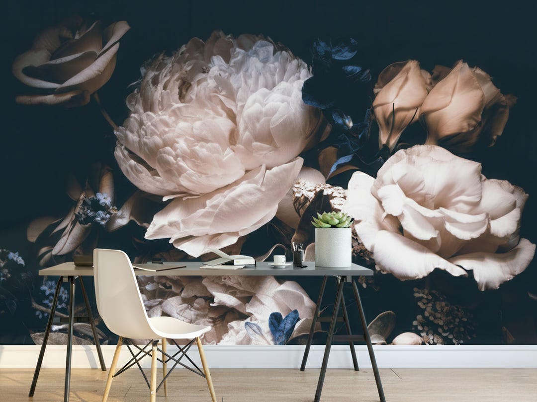 Midnight Peony Wallpaper Mural – Dark Floral Wall Design – Blush Pink ...