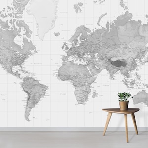 Black and White World Map Wallpaper Mural - Non Woven Wallpaper - Atlas School Educational Map Wall - Monochrome Home Decor - Custom Size