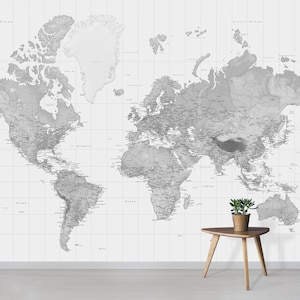 Black and White World Map Wallpaper Mural – Modern Monochrome Map Wall Art – Custom Size
