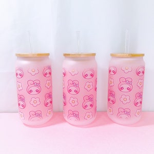 Pink Bunny Cup Iced Coffee Glass, Glass Can with Bamboo Lid and straw, Cute, Kawaii Cup, Pink, 18oz, Cup, Drink