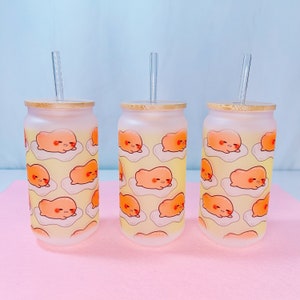Coquetier kawaii en verre à café glacé, boîte en verre avec couvercle en bambou et paille, mignon, tasse kawaii, jaune, orange, petit déjeuner, 18 oz, tasse, boisson