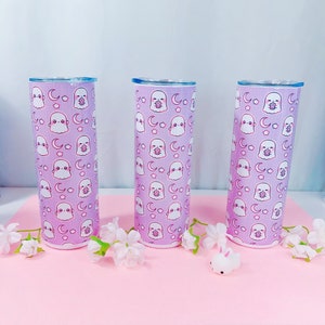 Ghost Cup Stainless Steel Tumbler with plastic lid and straw, Cute, Kawaii Cup, Purple, Lavender, 20oz Cup, Insulated, Drink