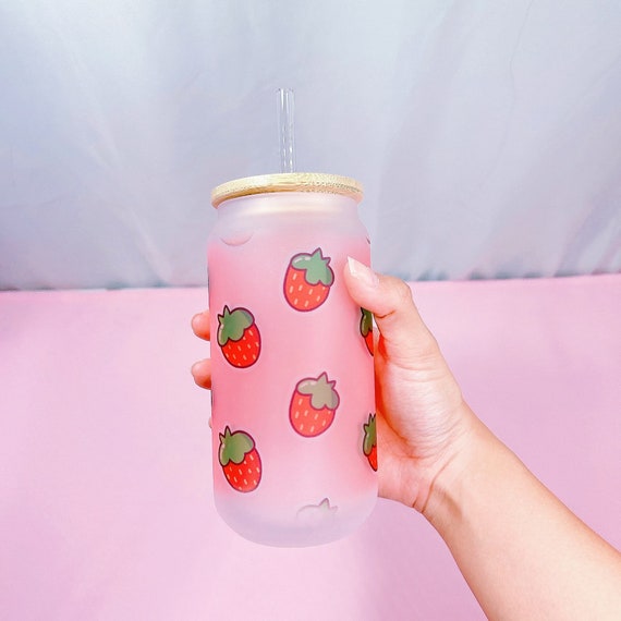 Strawberry Can Glass Cup w/Bamboo Lid & Straw