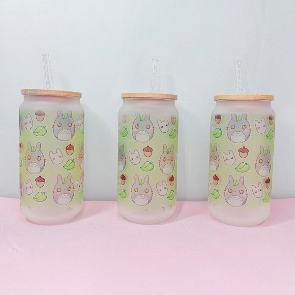 Forest Iced Coffee Glass, Glass Can with Bamboo Lid and straw, Cute, Kawaii Cup, Nature, 18oz, Cup, Drink