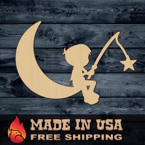 Wood Sign Cutout Boy Fishing Moon Star Dream Rod 1/4 inch thick