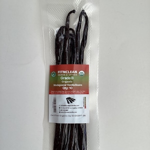 10 Organic Madagascar Vanilla Beans Grade B for Extract, Cooking and Baking by FITNCLEAN VANILLA| Whole Bourbon Pods for Paste