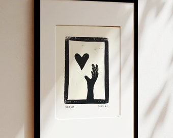 reach / hand and heart linocut block print
