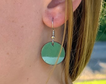 Enamel Penny Earrings: Hypoallergenic Sterling Silver, Green & Blue Dangle