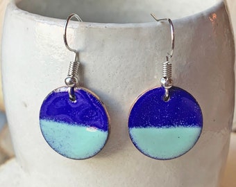 Handmade Enamel Penny Earrings: Cobalt & Robins Egg Blue, Sterling Silver