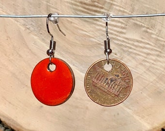 Penny dangle earrings / circle dangle earrings / enameled copper earrings / hypoallergenic / colors / lucky penny / handmade jewelry