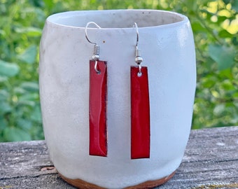 Enameled Copper Stick Earrings: Red Minimalist Jewelry