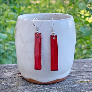 Enameled Copper Stick Earrings: Red Minimalist Jewelry