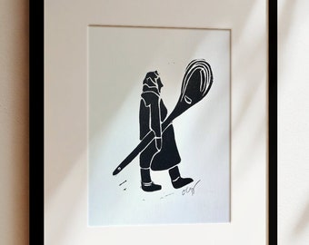 small woman, big spoon / giclee block print / 5x7"