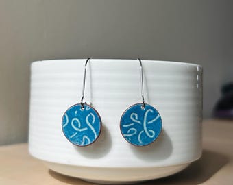Enamel Penny Earrings: Stainless Steel, Blue Squiggly Dangle