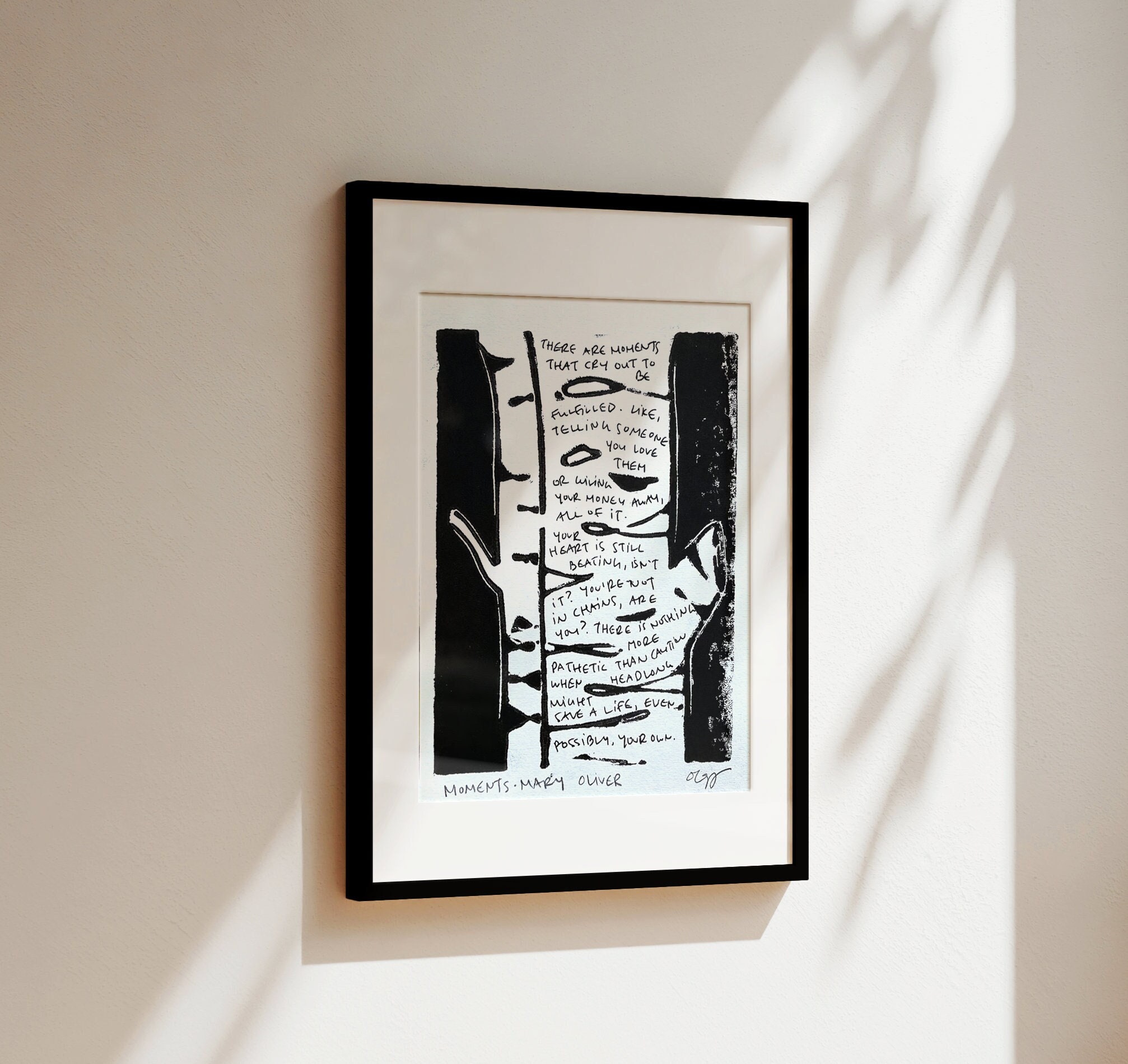 moments by mary oliver poem / birch tree block print