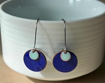 Enamel Penny Earrings: Stainless Steel, Blue Dangle