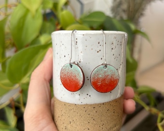 Enamel Penny Earrings: Stainless Steel, red and blue speckled Dangle