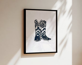 cowboy boots / linocut print / 8x10"