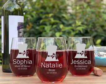 Personalized Stemless Wine Glass, Custom Wine Glasses For Bridesmaid Gift, Engraved Champagne Flute Glass Maid Of Honor
