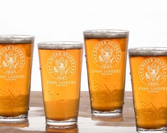 Personalized Beer Pint Glass Set of 4 ,Custom Engrave Gift Set For Military, Custom Beer Mug Glass military Emblem Graduation Gift