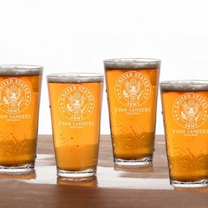 Personalized Beer Pint Glass Set of 4 ,Custom Engrave Gift Set For Military, Custom Beer Mug Glass military Emblem Graduation Gift