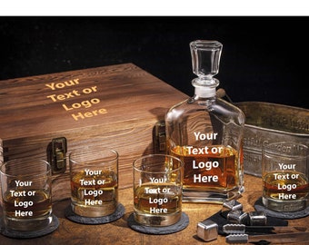 Your Own Logo/Text Or Custom Brand Design Personalized Whiskey Decanter Gift Set With Optional 4 Whiskey Glasses, Scotch Wooden Box Gift Set